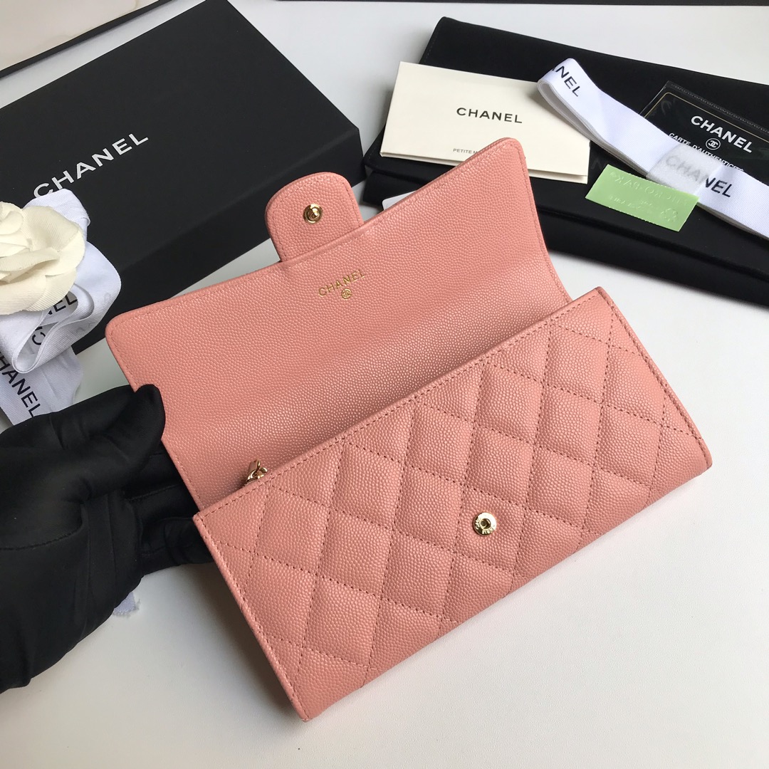 Best Price Chanel A80758 Classics Flap Long Wallet Grained Calfskin Pink