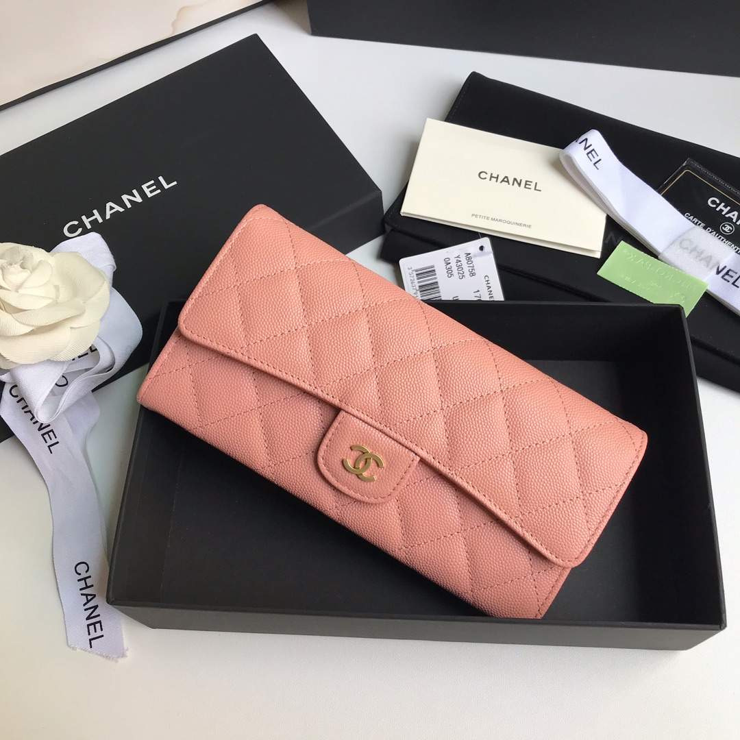 Best Price Chanel A80758 Classics Flap Long Wallet Grained Calfskin Pink