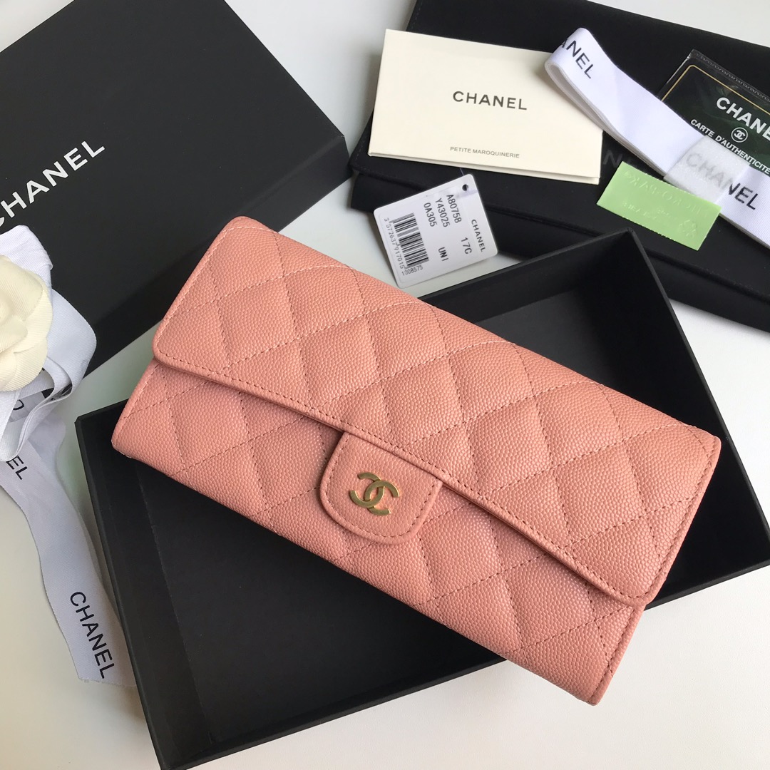 Best Price Chanel A80758 Classics Flap Long Wallet Grained Calfskin Pink