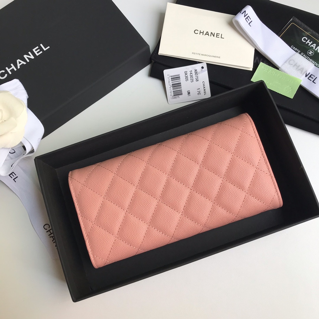 Best Price Chanel A80758 Classics Flap Long Wallet Grained Calfskin Pink