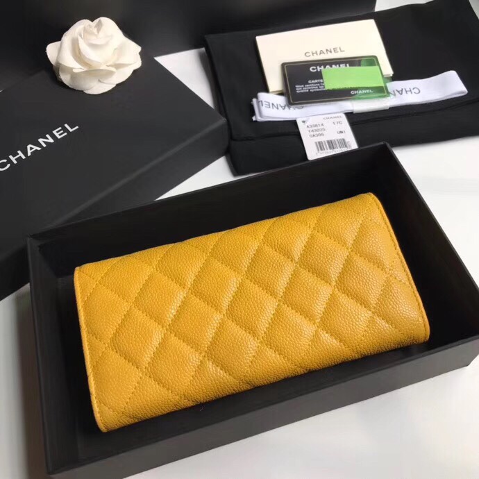 Best Price Chanel A80758 Classics Flap Long Wallet Grained Calfskin Yellow