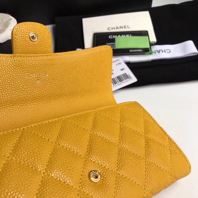 Best Price Chanel A80758 Classics Flap Long Wallet Grained Calfskin Yellow