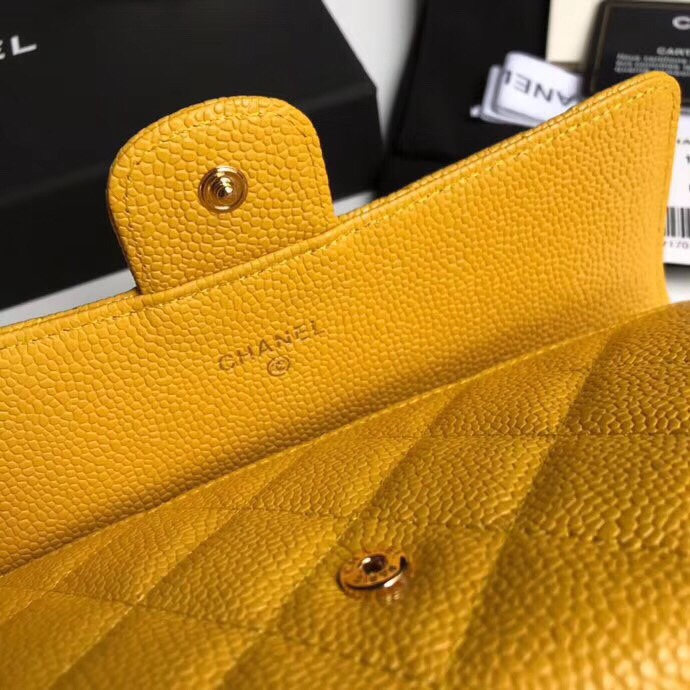 Best Price Chanel A80758 Classics Flap Long Wallet Grained Calfskin Yellow