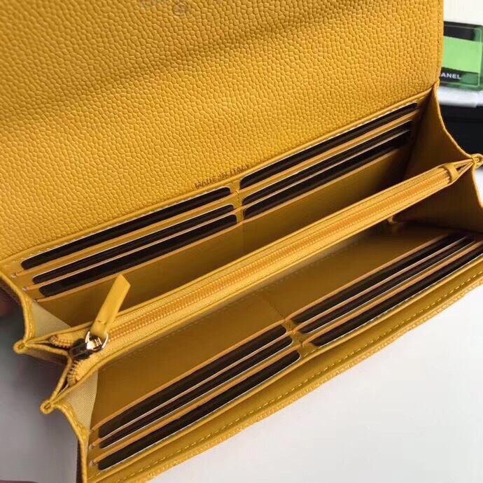 Best Price Chanel A80758 Classics Flap Long Wallet Grained Calfskin Yellow