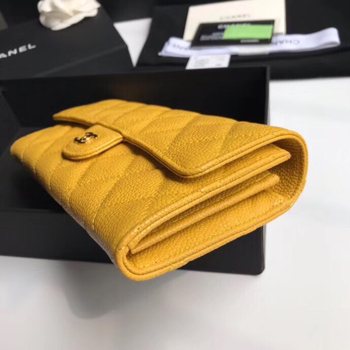 Best Price Chanel A80758 Classics Flap Long Wallet Grained Calfskin Yellow