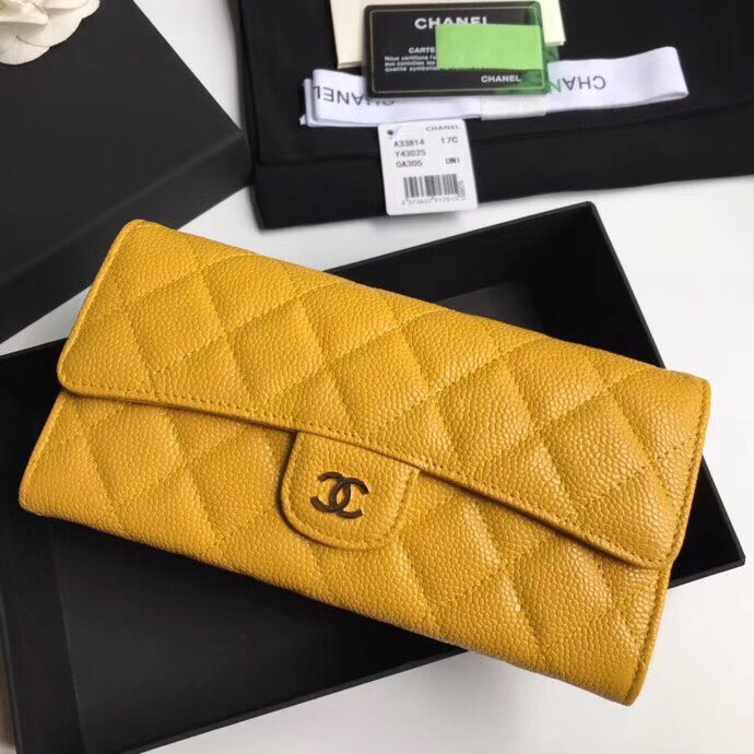 Best Price Chanel A80758 Classics Flap Long Wallet Grained Calfskin Yellow