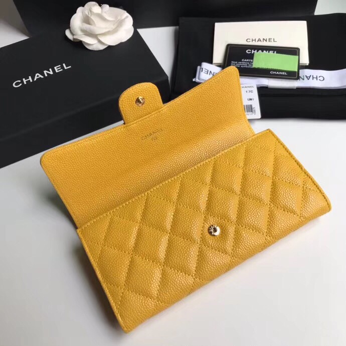 Best Price Chanel A80758 Classics Flap Long Wallet Grained Calfskin Yellow