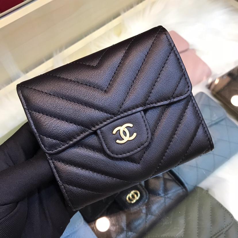 Best Price Chanel Classic Small Zipped Wallet Lambskin Leather Gold Tone Metal Black