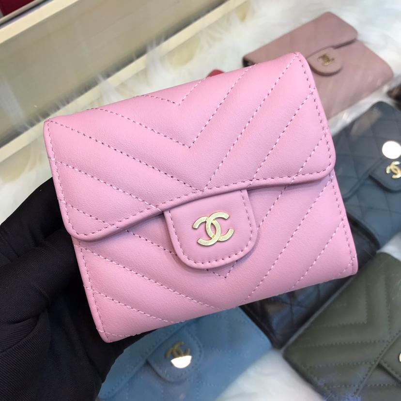 Best Price Chanel Classic Small Zipped Wallet Lambskin Leather Gold Tone Metal Pink