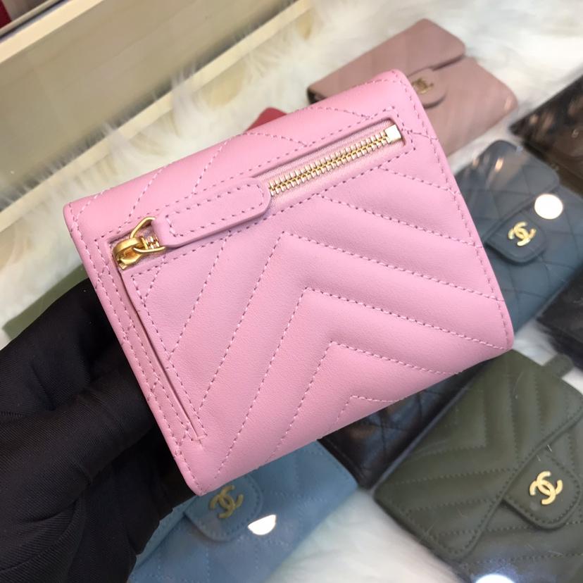 Best Price Chanel Classic Small Zipped Wallet Lambskin Leather Gold Tone Metal Pink