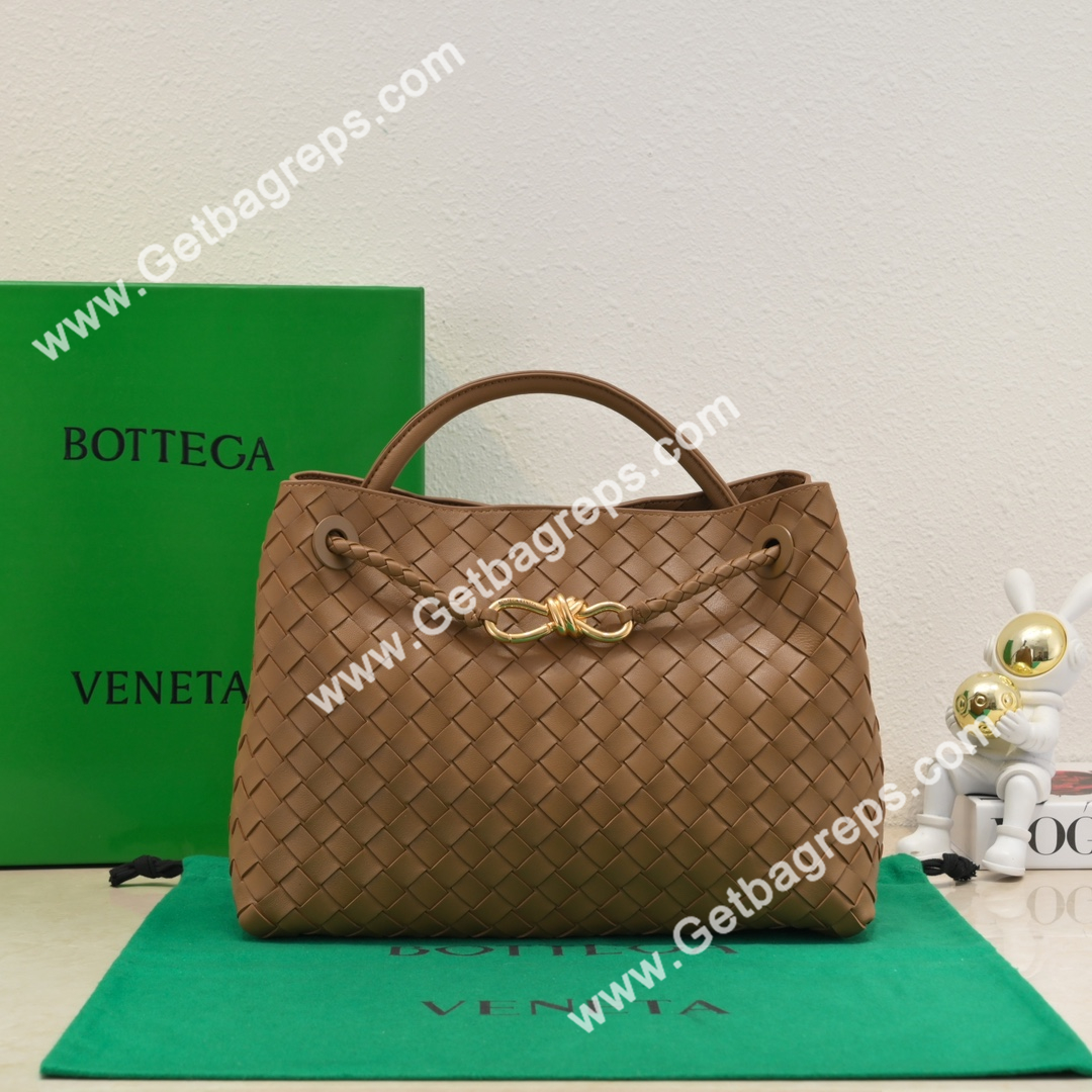 Bottega Veneta 32cm Andiamo Normal Chain Top Handle Bag in Supple Intrecciato Leather Coffee