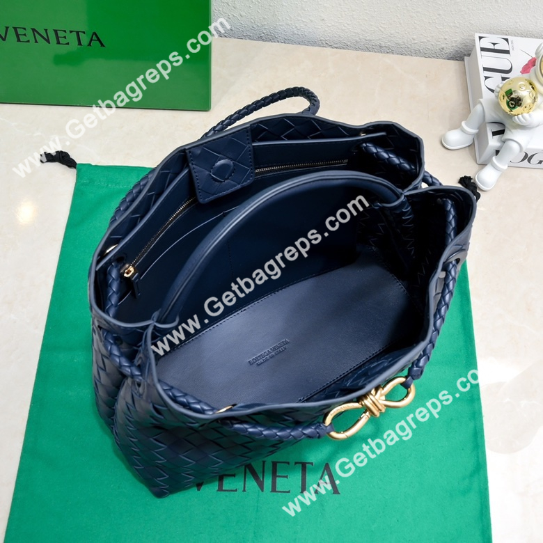 Bottega Veneta 32cm Andiamo Normal Chain Top Handle Bag in Supple Intrecciato Leather Dark Blue