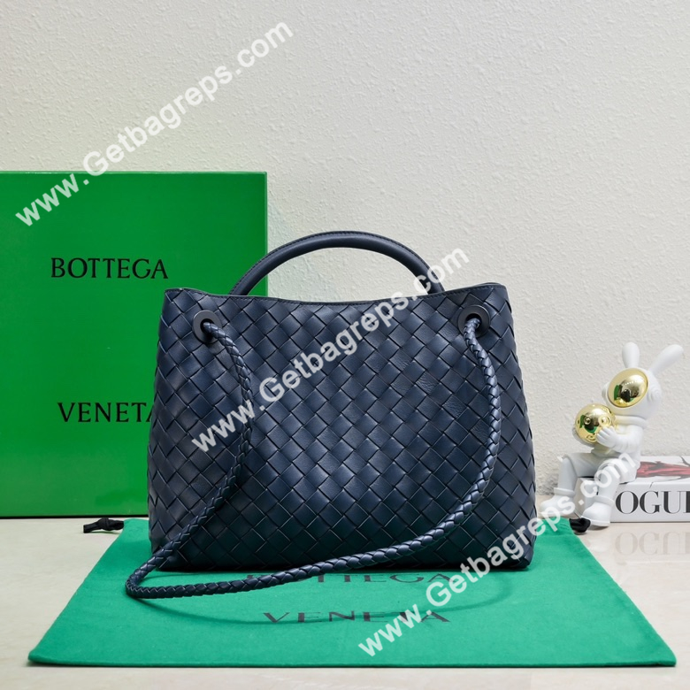 Bottega Veneta 32cm Andiamo Normal Chain Top Handle Bag in Supple Intrecciato Leather Dark Blue