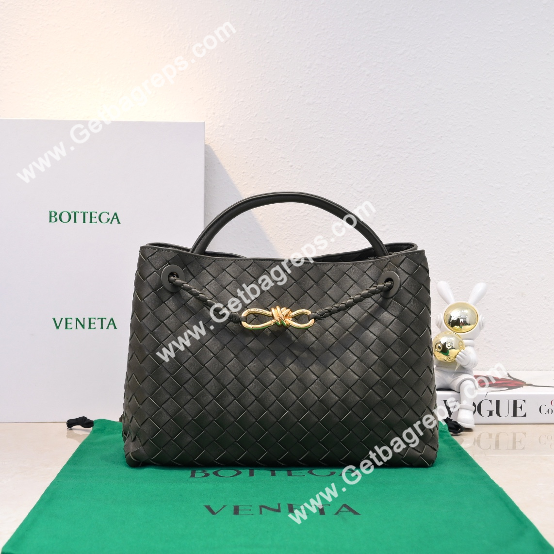 Bottega Veneta 32cm Andiamo Normal Chain Top Handle Bag in Supple Intrecciato Leather Dark Green-1