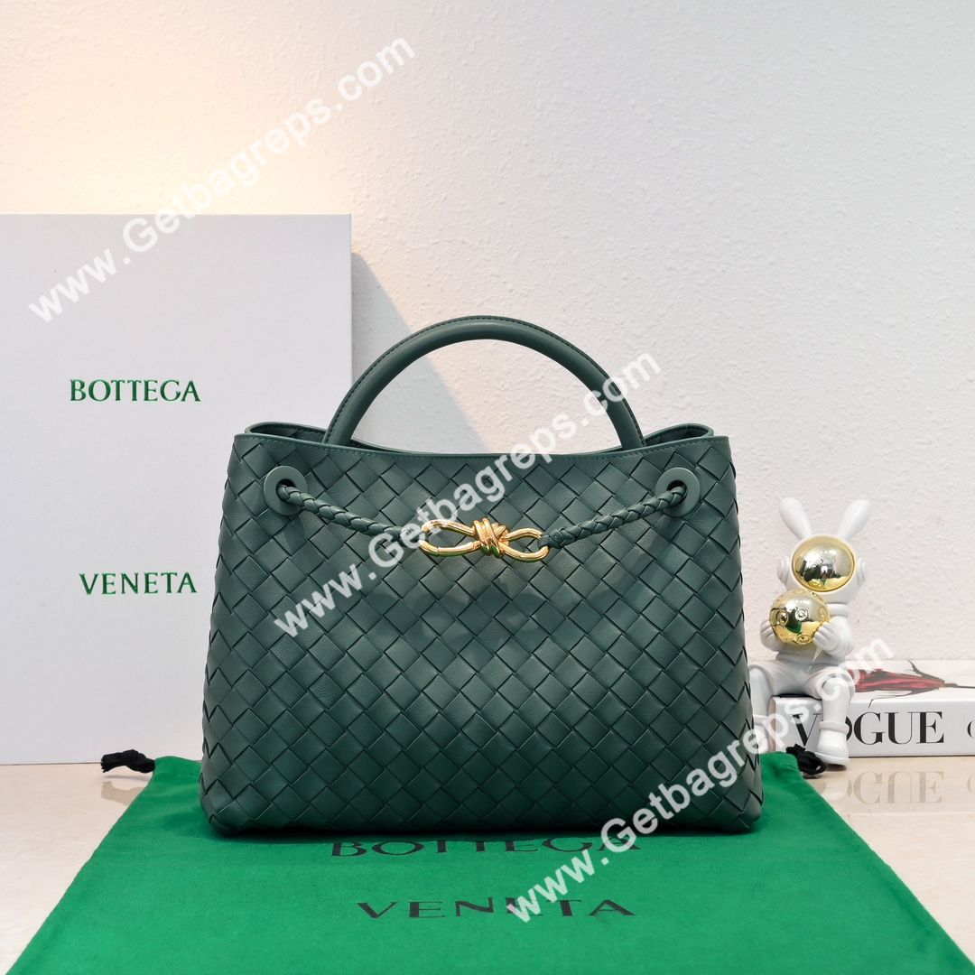 Bottega Veneta 32cm Andiamo Normal Chain Top Handle Bag in Supple Intrecciato Leather Dark Green
