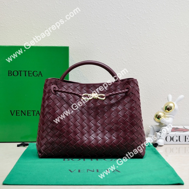 Bottega Veneta 32cm Andiamo Normal Chain Top Handle Bag in Supple Intrecciato Leather Dark Wine