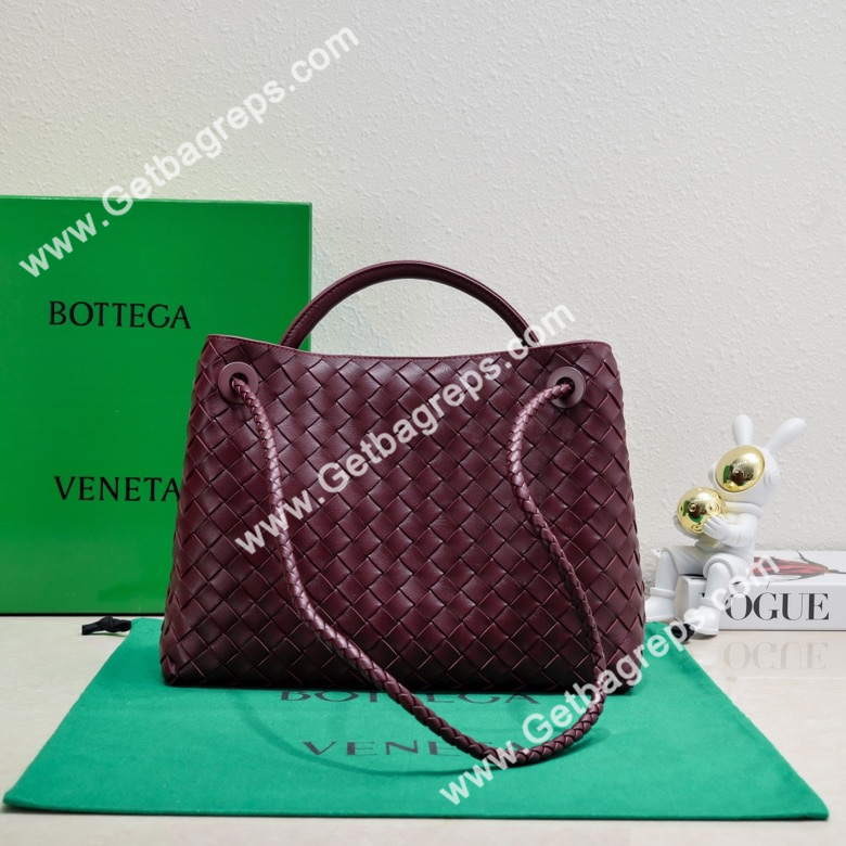 Bottega Veneta 32cm Andiamo Normal Chain Top Handle Bag in Supple Intrecciato Leather Dark Wine