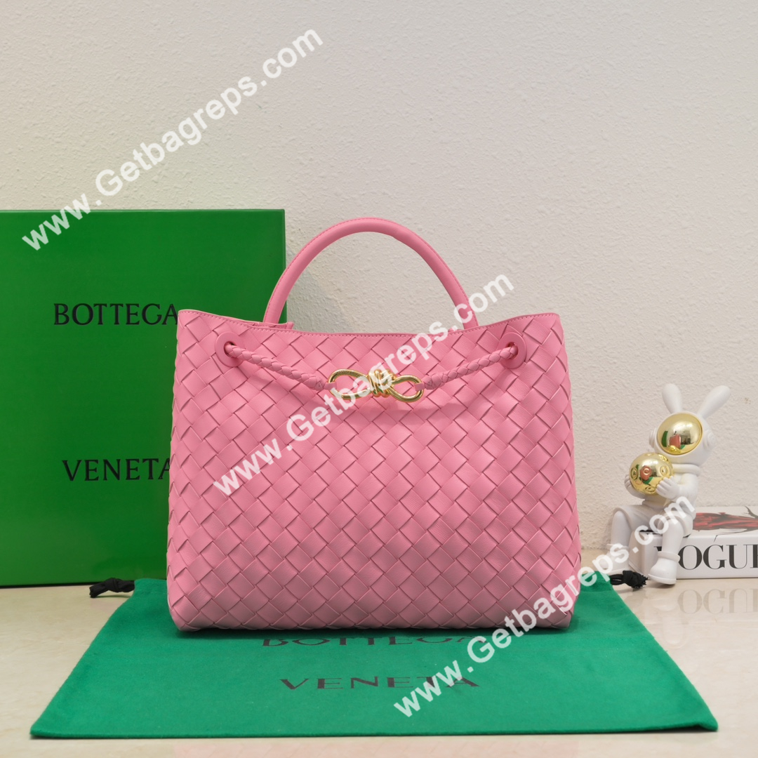Bottega Veneta 32cm Andiamo Normal Chain Top Handle Bag in Supple Intrecciato Leather Rose