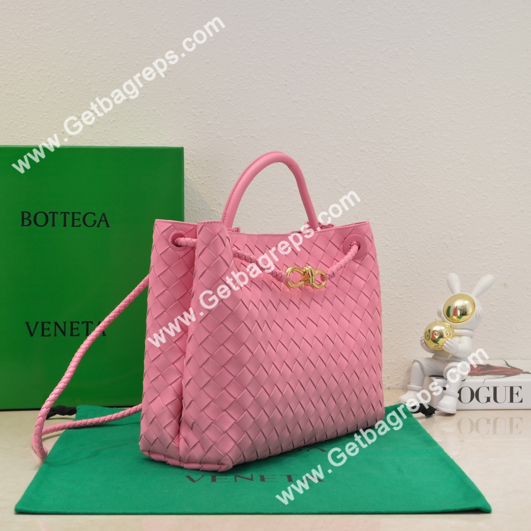 Bottega Veneta 32cm Andiamo Normal Chain Top Handle Bag in Supple Intrecciato Leather Rose