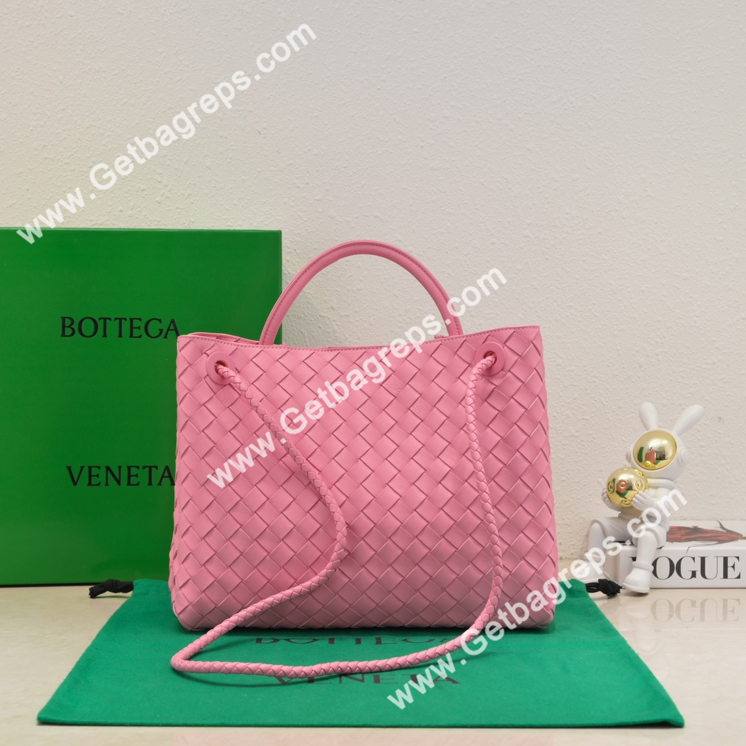 Bottega Veneta 32cm Andiamo Normal Chain Top Handle Bag in Supple Intrecciato Leather Rose
