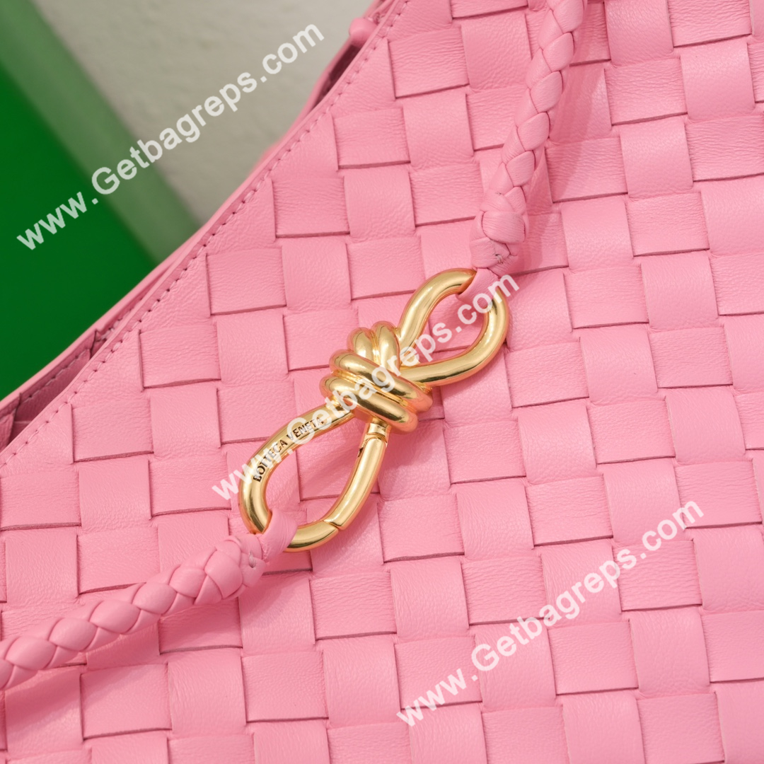 Bottega Veneta 32cm Andiamo Normal Chain Top Handle Bag in Supple Intrecciato Leather Rose