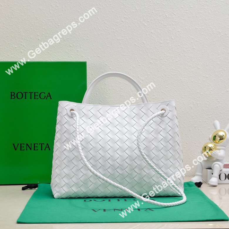 Bottega Veneta 32cm Andiamo Normal Chain Top Handle Bag in Supple Intrecciato Leather White