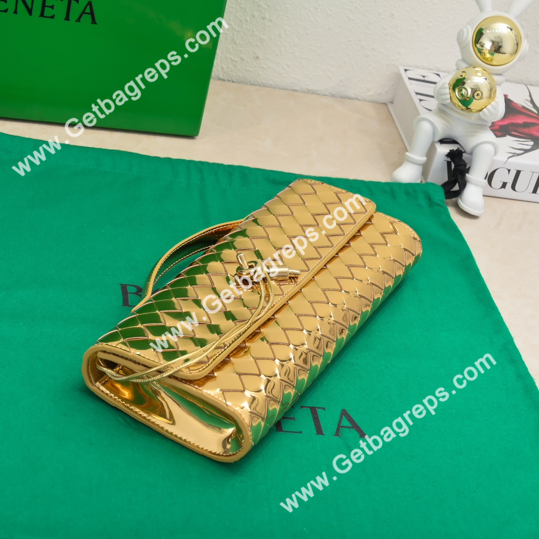 Bottega Veneta Andiamo Clutch Top Handle Clutch in Intrecciato Leather with Foggy Mirror Effect Gold