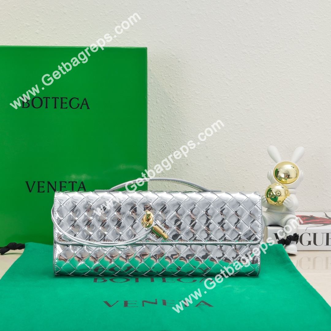 Bottega Veneta Andiamo Clutch Top Handle Clutch in Intrecciato Leather with Foggy Mirror Effect Silver