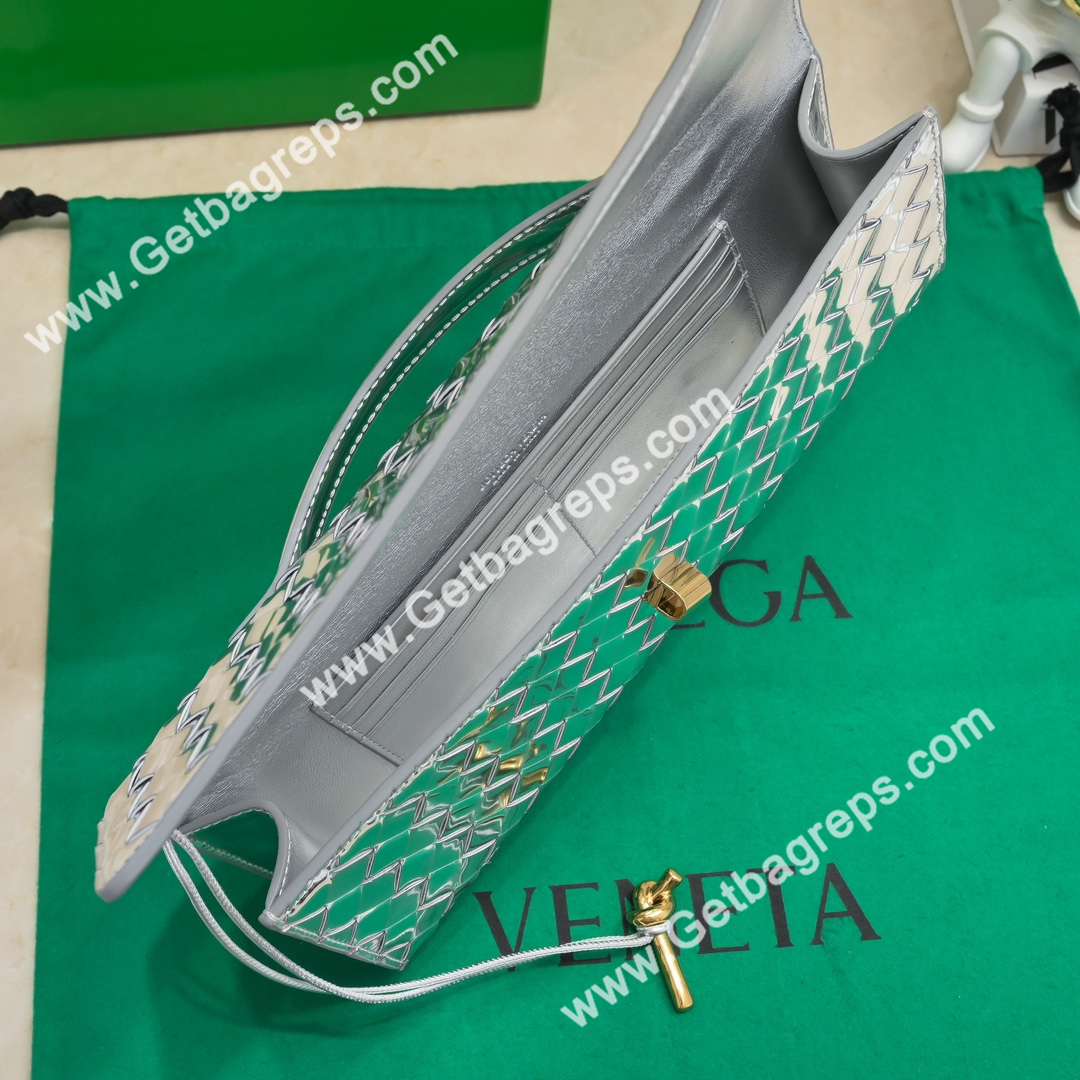 Bottega Veneta Andiamo Clutch Top Handle Clutch in Intrecciato Leather with Foggy Mirror Effect Silver