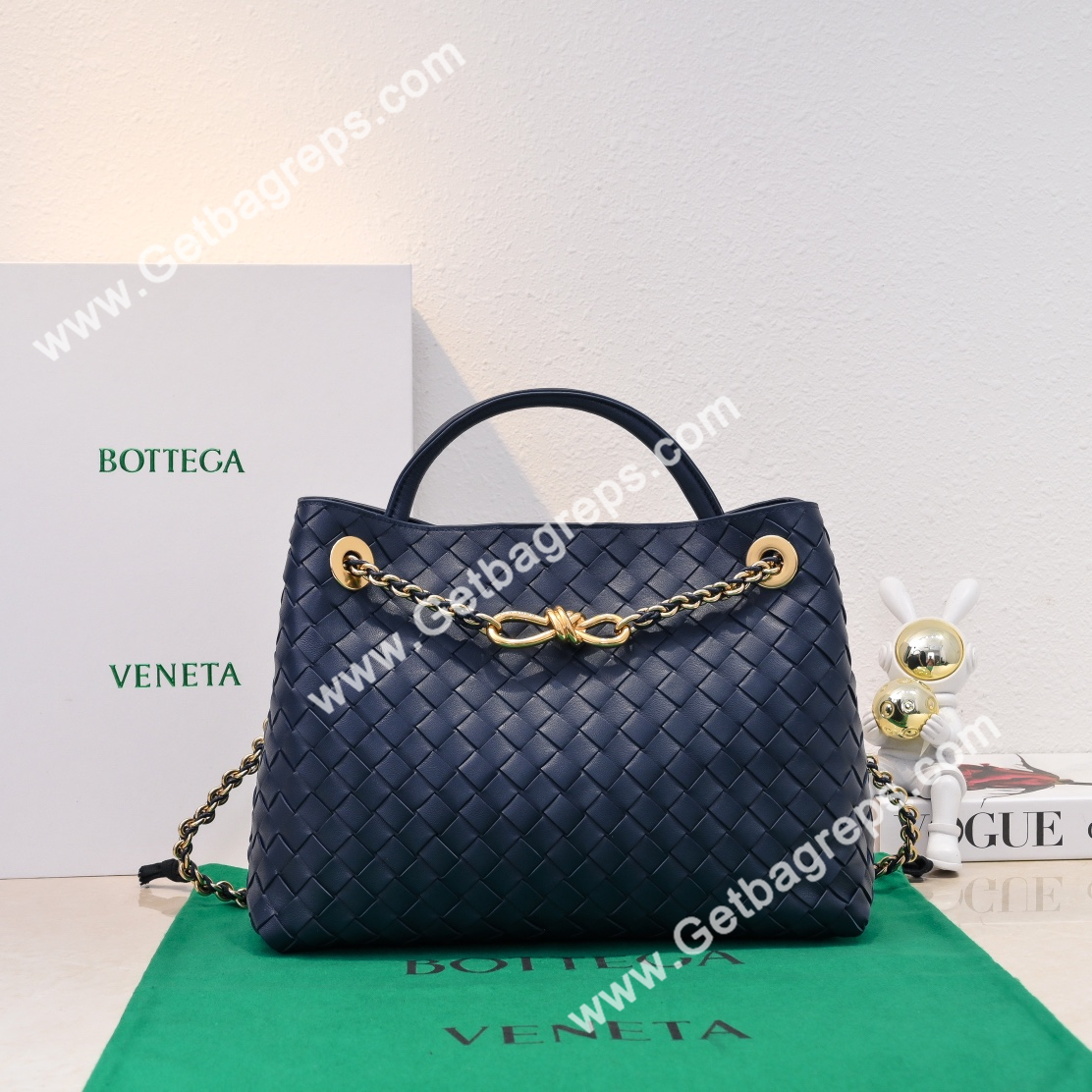 Bottega Veneta Andiamo Intrecciato Leather Top Handle Bag 32cm Dark Blue