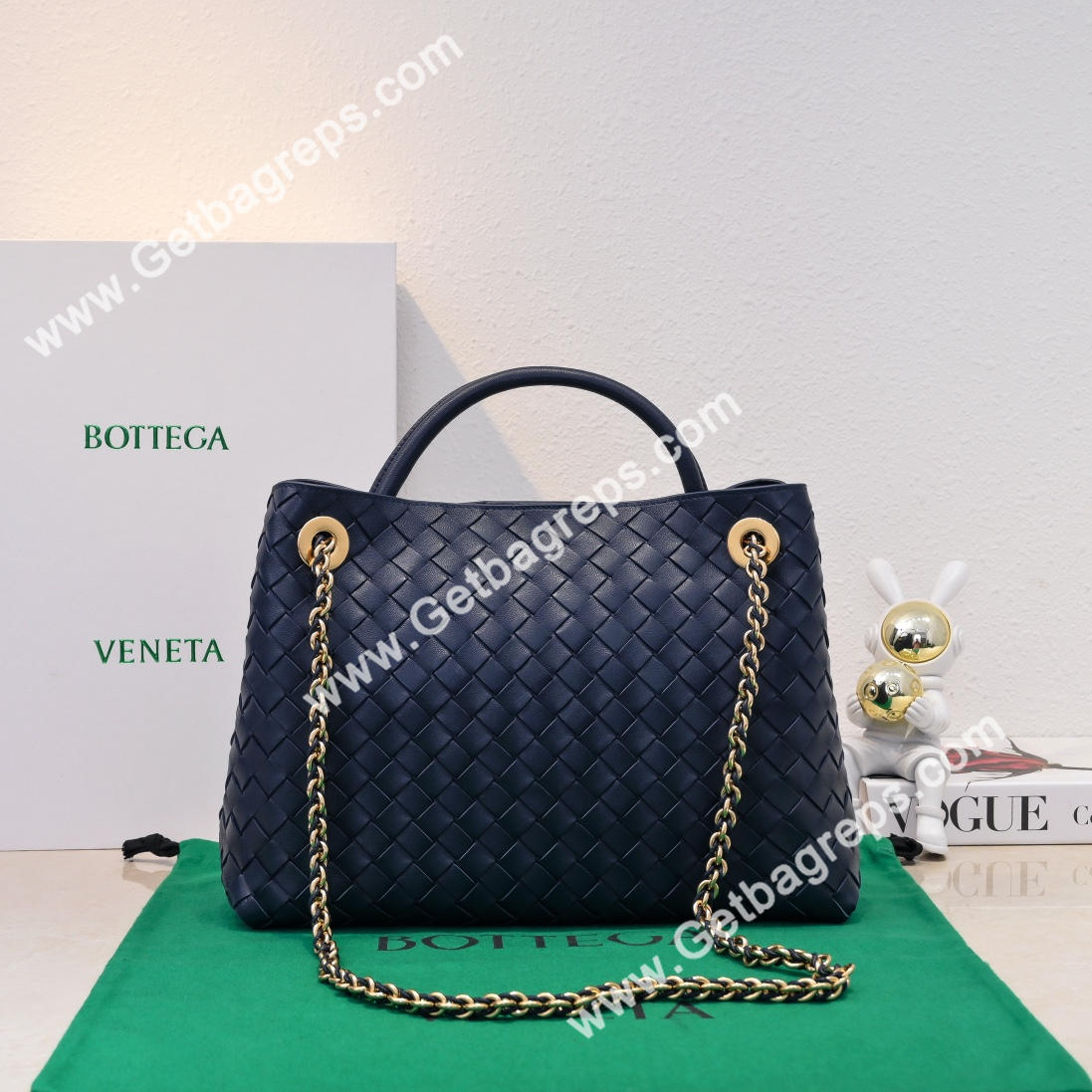 Bottega Veneta Andiamo Intrecciato Leather Top Handle Bag 32cm Dark Blue