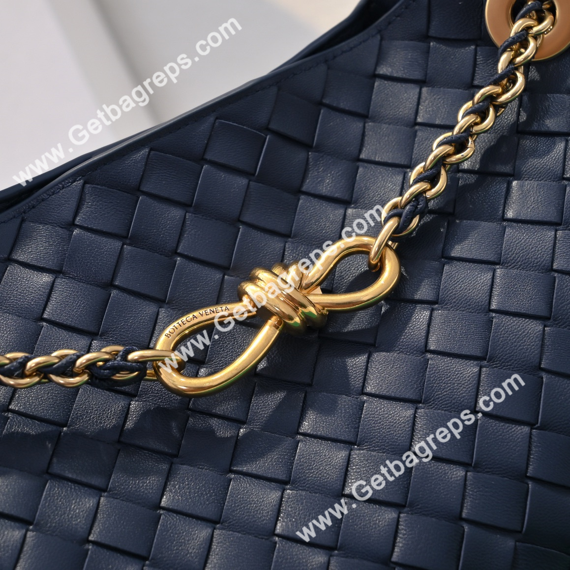 Bottega Veneta Andiamo Intrecciato Leather Top Handle Bag 32cm Dark Blue
