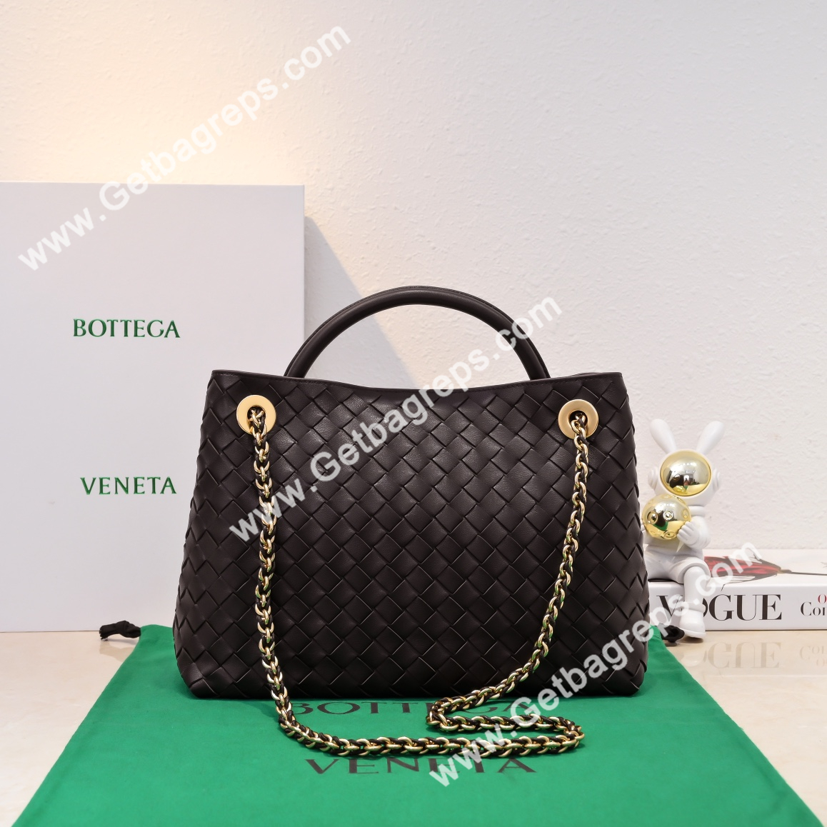 Bottega Veneta Andiamo Intrecciato Leather Top Handle Bag 32cm Dark Brown