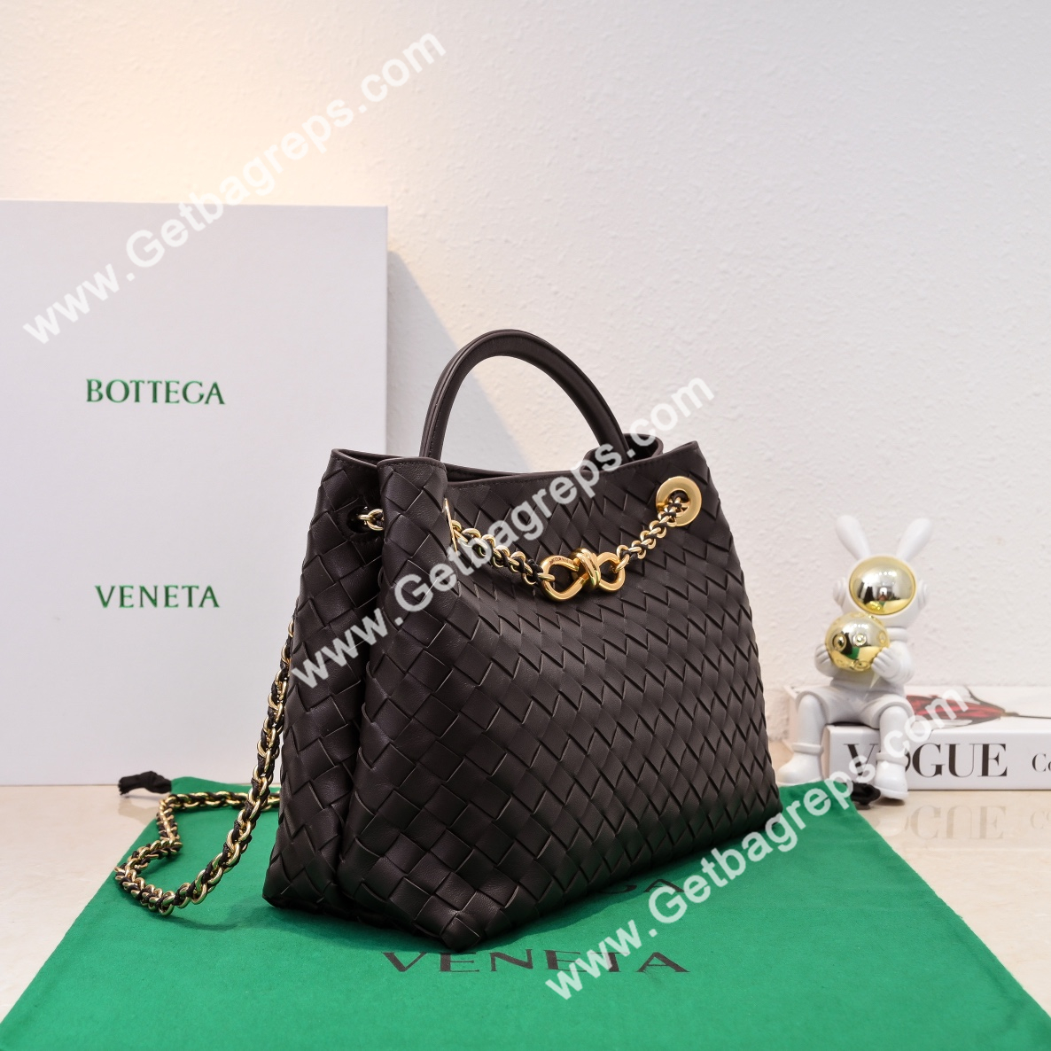 Bottega Veneta Andiamo Intrecciato Leather Top Handle Bag 32cm Dark Brown