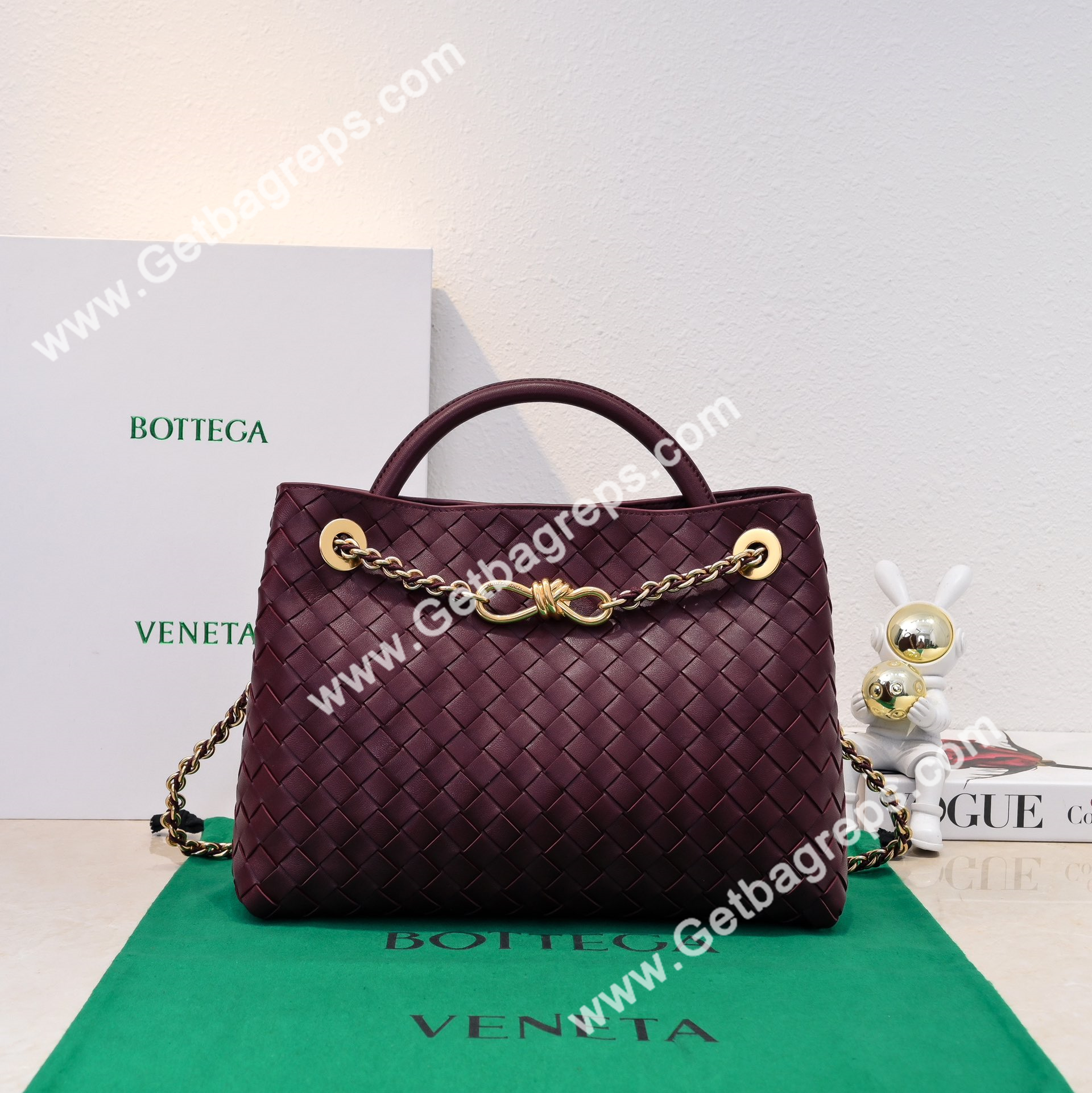 Bottega Veneta Andiamo Intrecciato Leather Top Handle Bag 32cm Dark Red