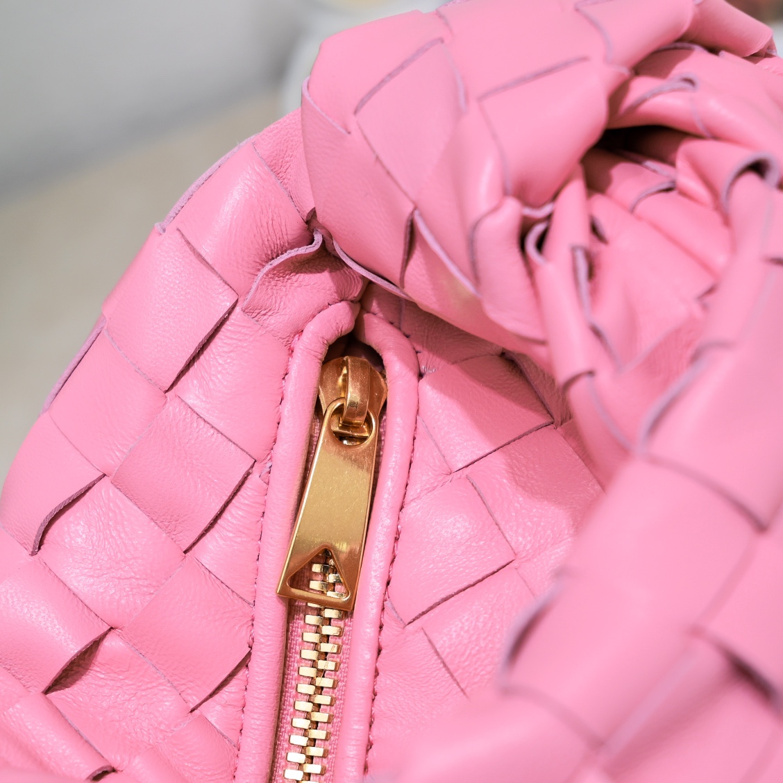 Bottega Veneta Candy Jodie Micro Intrecciato Leather Top Handle Bag Pink