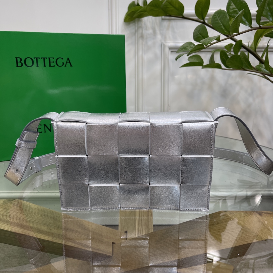 Bottega Veneta Cassette Intreccio Leather Crossbody Bag Silver