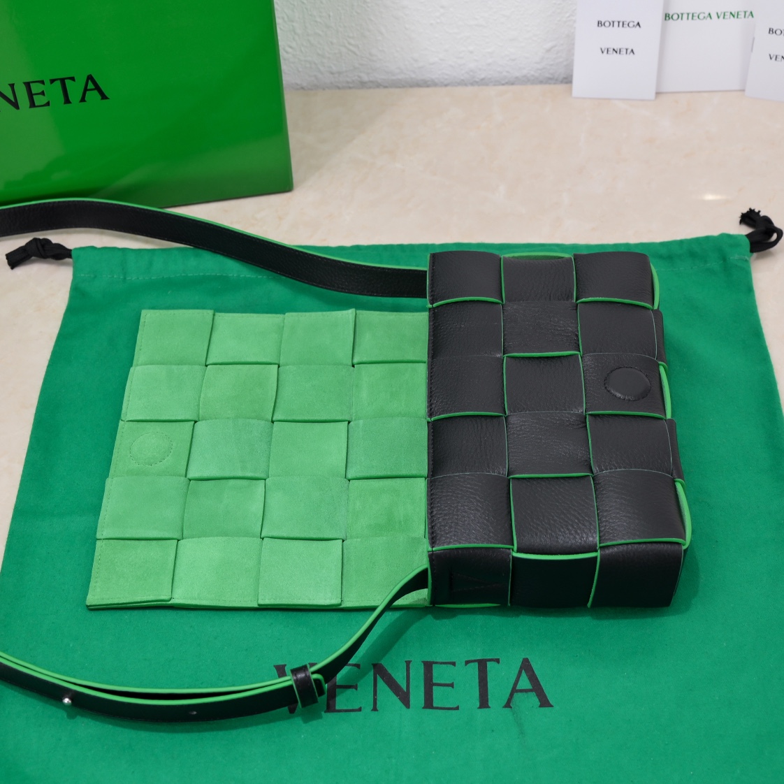 Bottega Veneta Chain Cassette Padded Intreccio Leather Cross-body Bag Black and Green