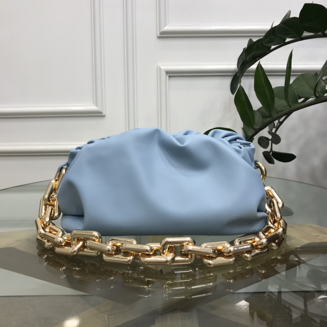 Bottega Veneta Chain Pouch Leather Clutch With Chain Light Blue With Silver Chain