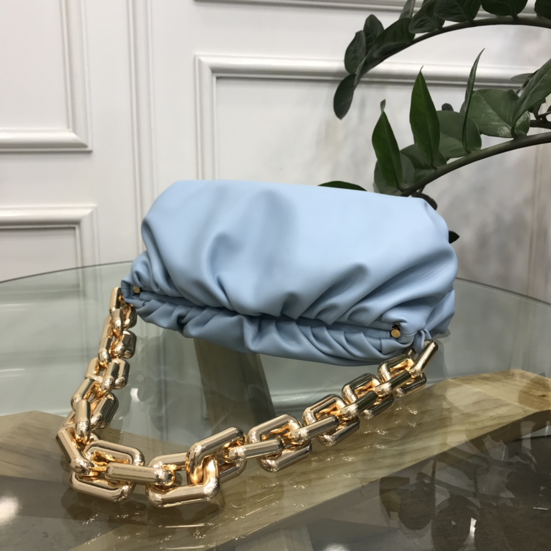 Bottega Veneta Chain Pouch Leather Clutch With Chain Light Blue With Silver Chain