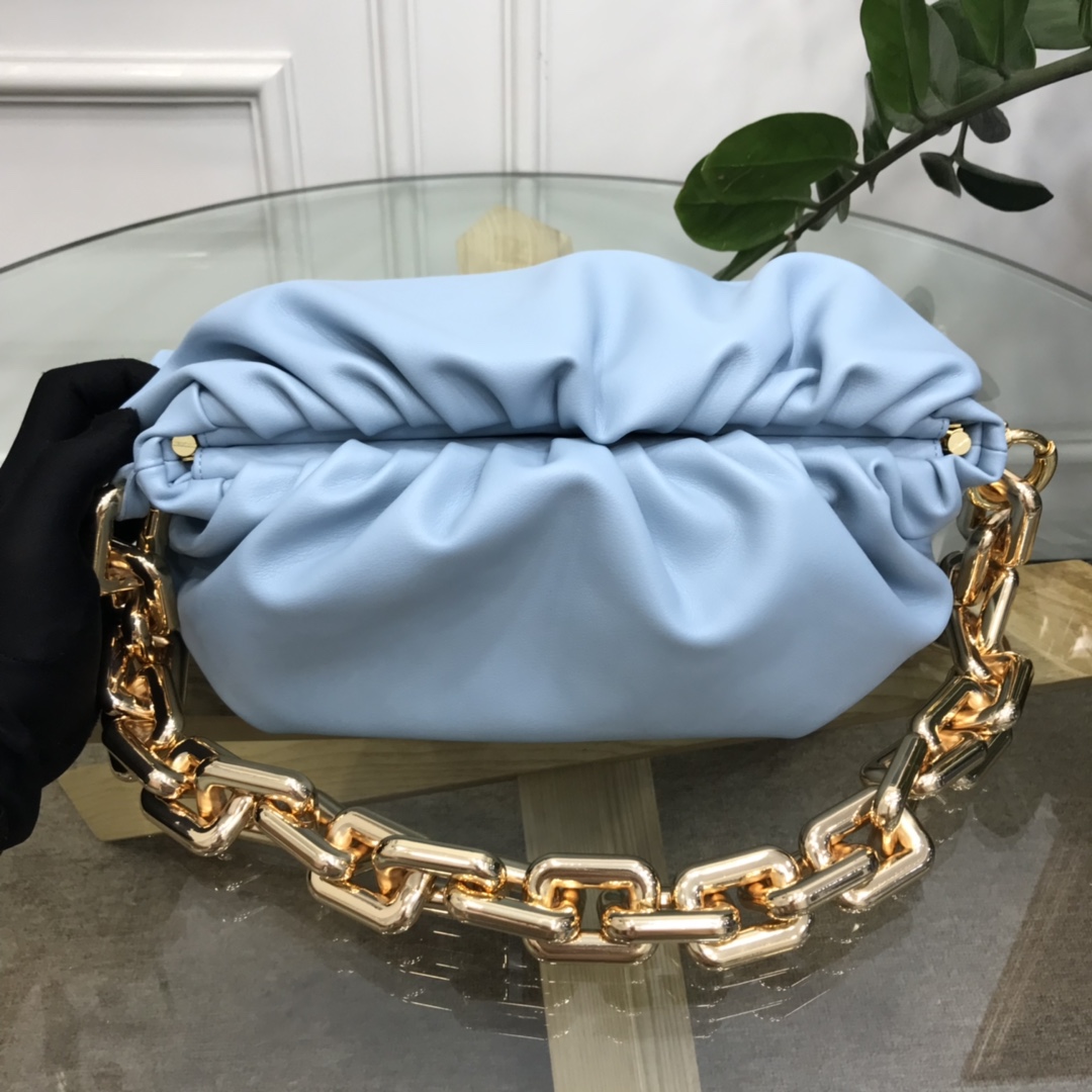 Bottega Veneta Chain Pouch Leather Clutch With Chain Light Blue With Silver Chain