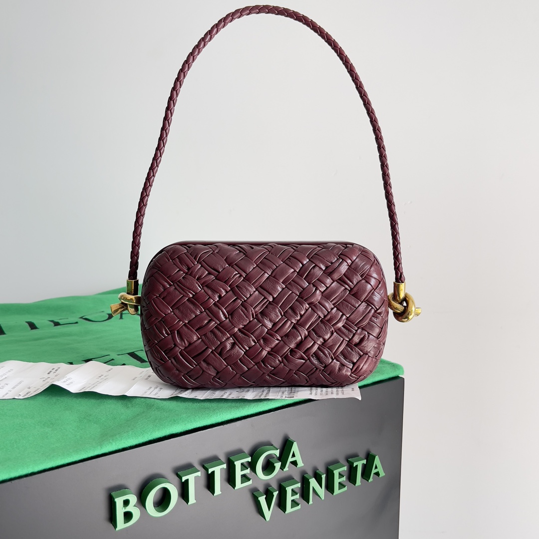 Bottega Veneta Knot Foulard Intreccio Leather minaudiere with strap Dark Red