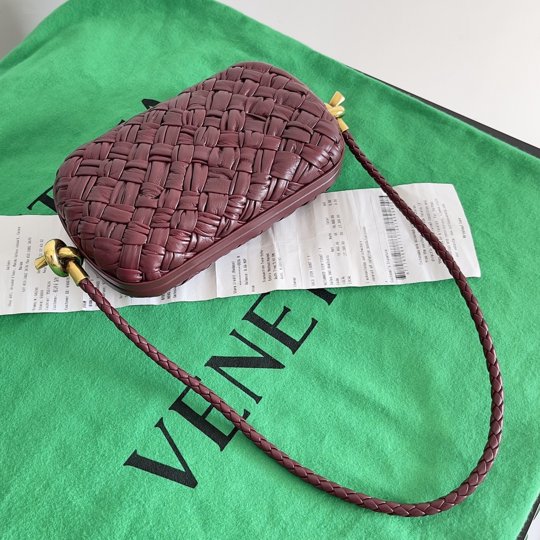 Bottega Veneta Knot Foulard Intreccio Leather minaudiere with strap Dark Red