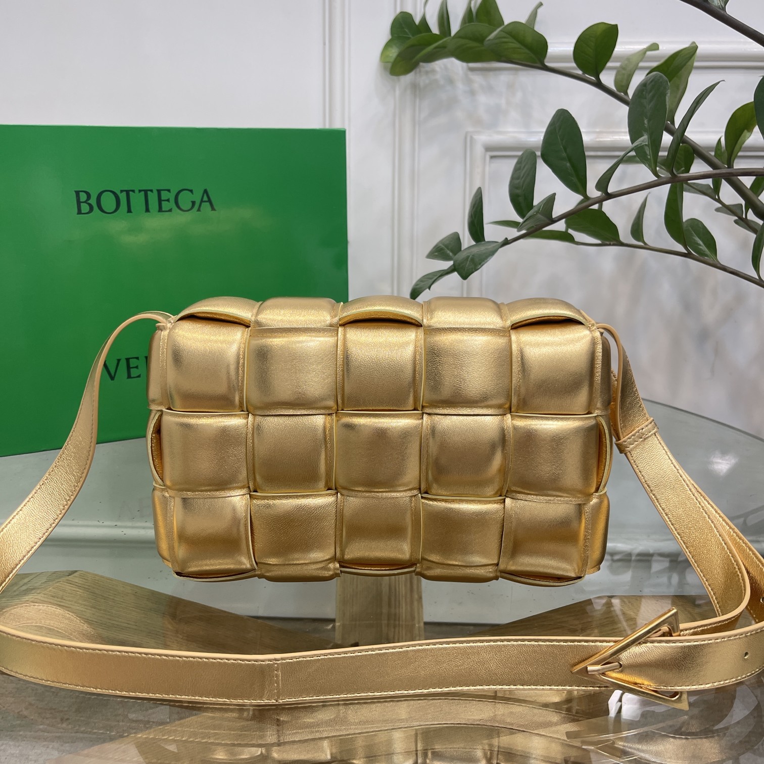 Bottega Veneta Large Padded Cassette Intreccio Leather Cross-body Bag Gold