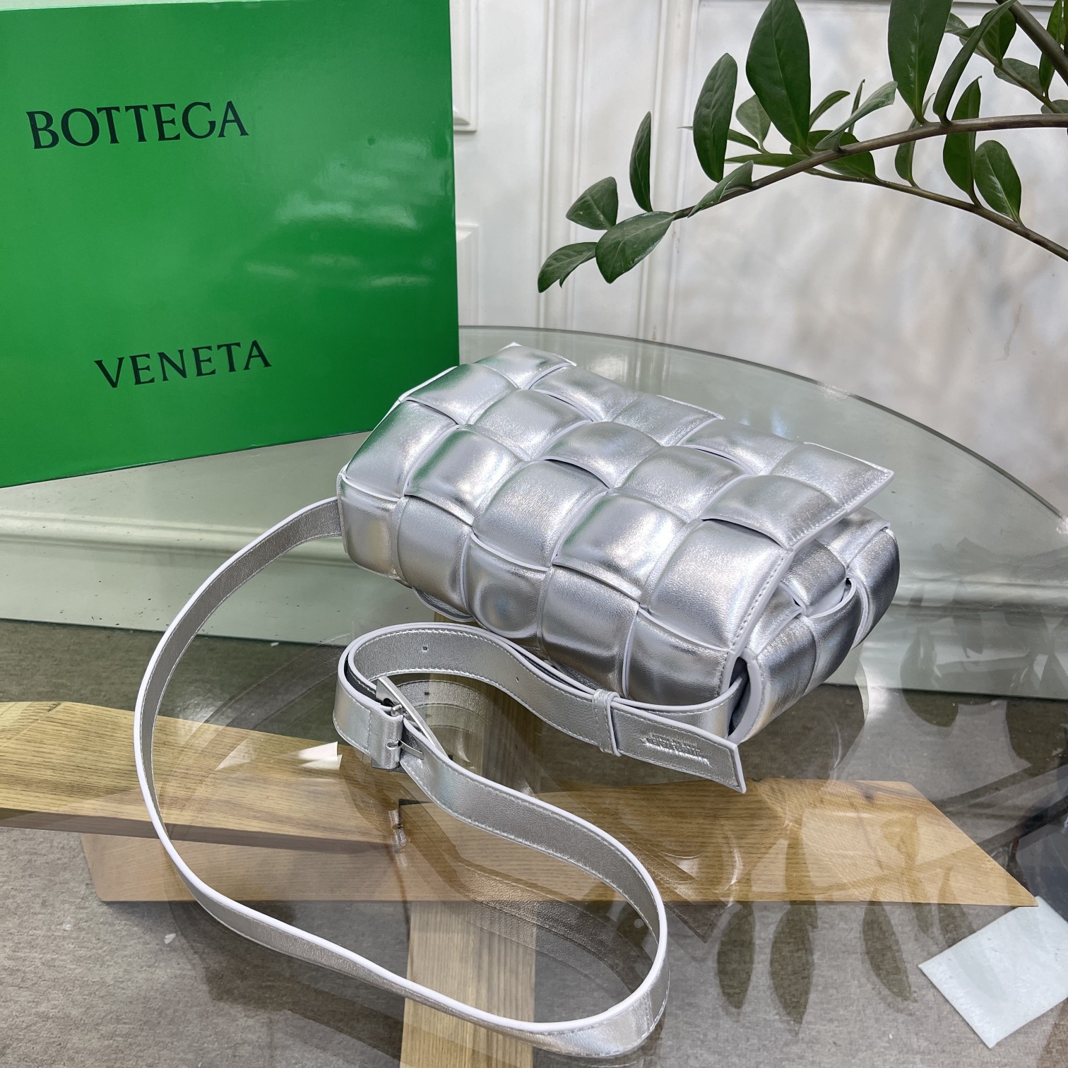 Bottega Veneta Large Padded Cassette Intreccio Leather Cross-body Bag Silver