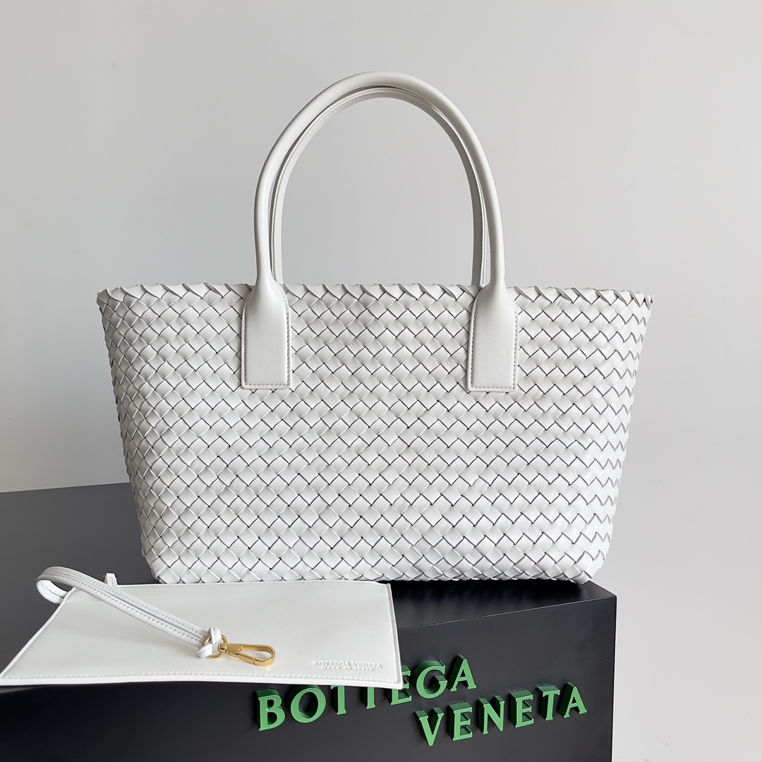 Bottega Veneta Medium Cabat Intreccio Leather Tote Bag White