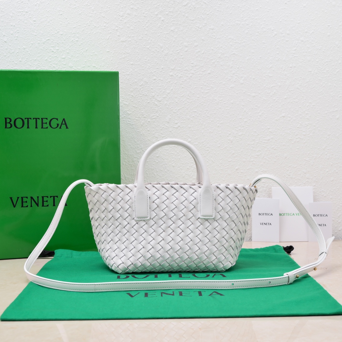 Bottega Veneta Mini Intreccio Leather Tote Bag with Detachable Strap White