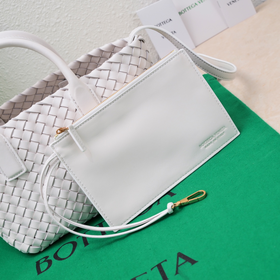 Bottega Veneta Mini Intreccio Leather Tote Bag with Detachable Strap White