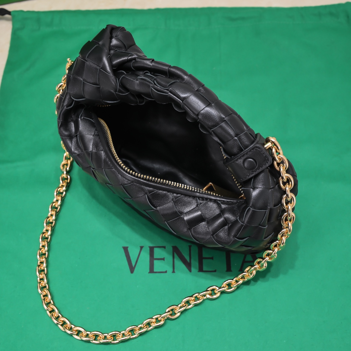 Bottega Veneta Mini Jodie Intrecciato Leather Top Handle Bag With Chain Strap Black