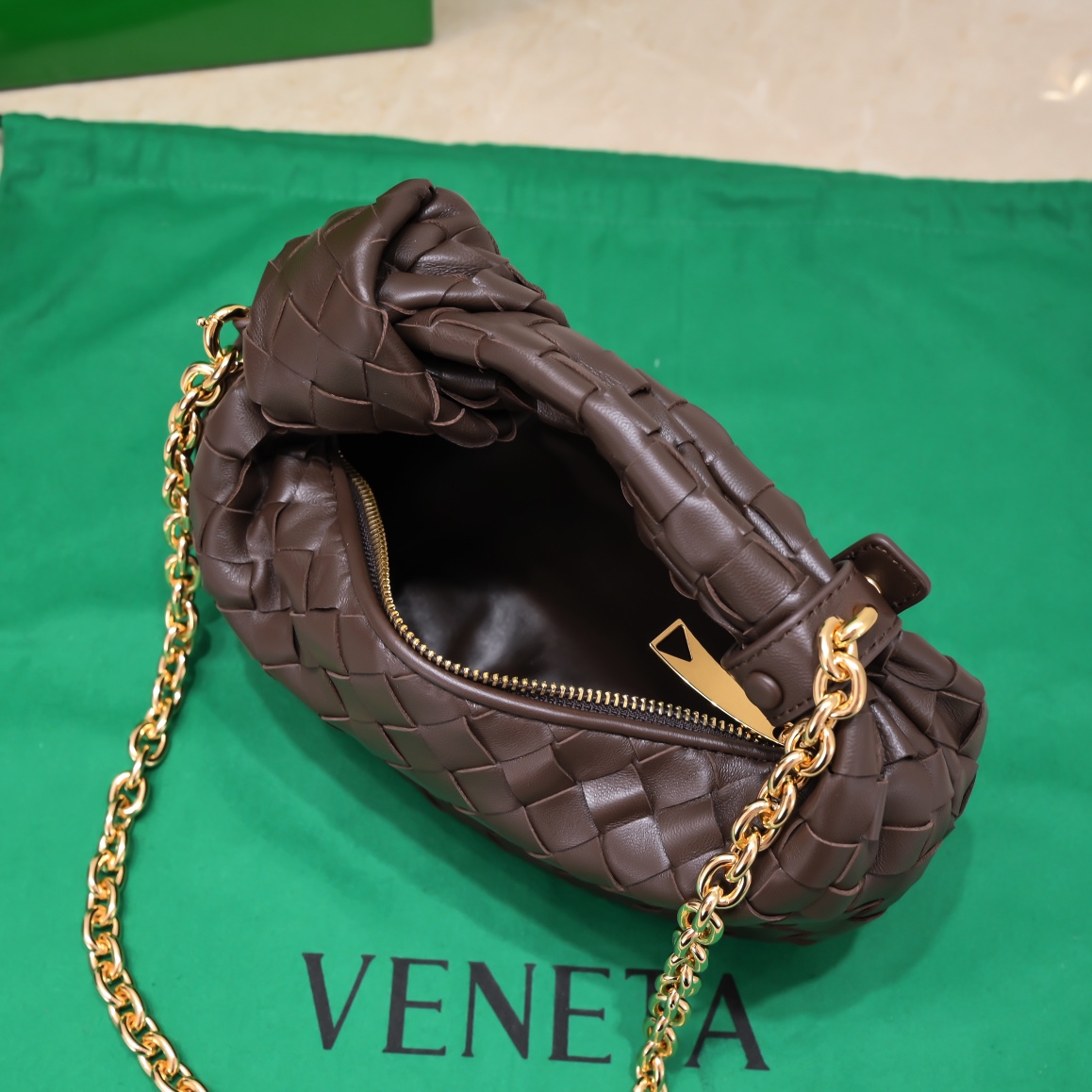 Bottega Veneta Mini Jodie Intrecciato Leather Top Handle Bag With Chain Strap Fondant